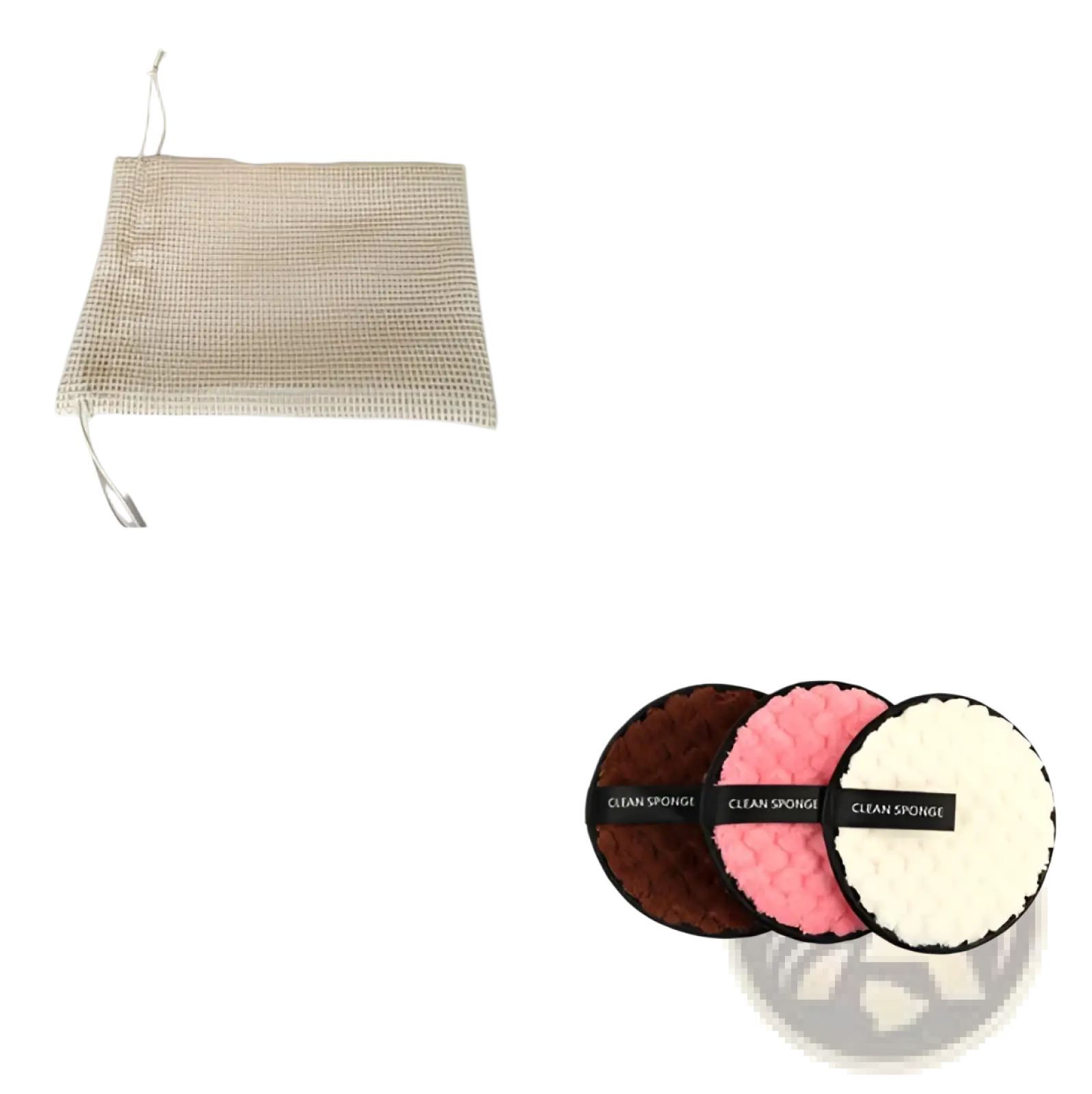 Beige mesh pouch with drawstring closure included in makeup removing puff 3 pack for convenient storage