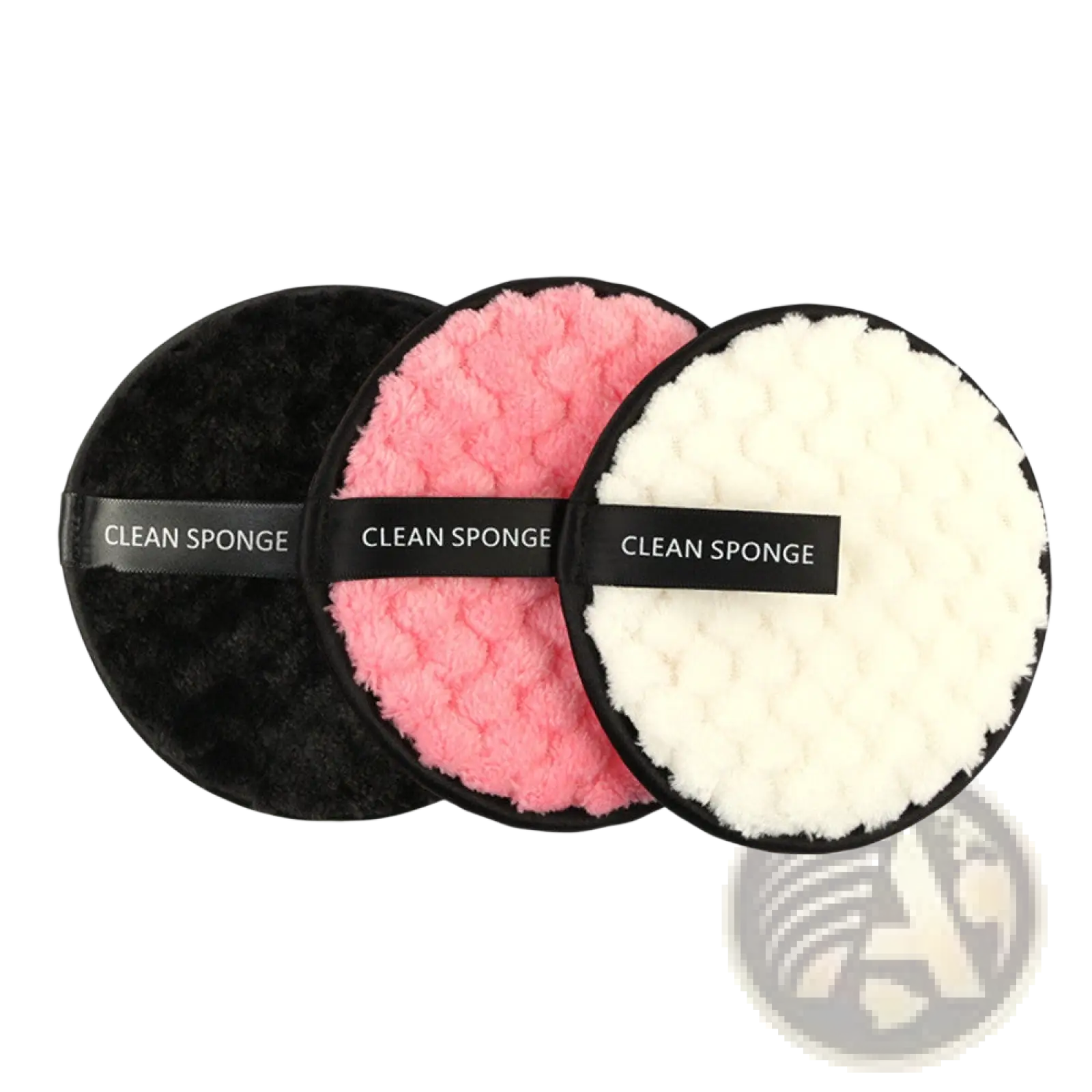 Makeup removing puff 3 pack with three circular textured clean sponges in black pink and white with black ribbons
