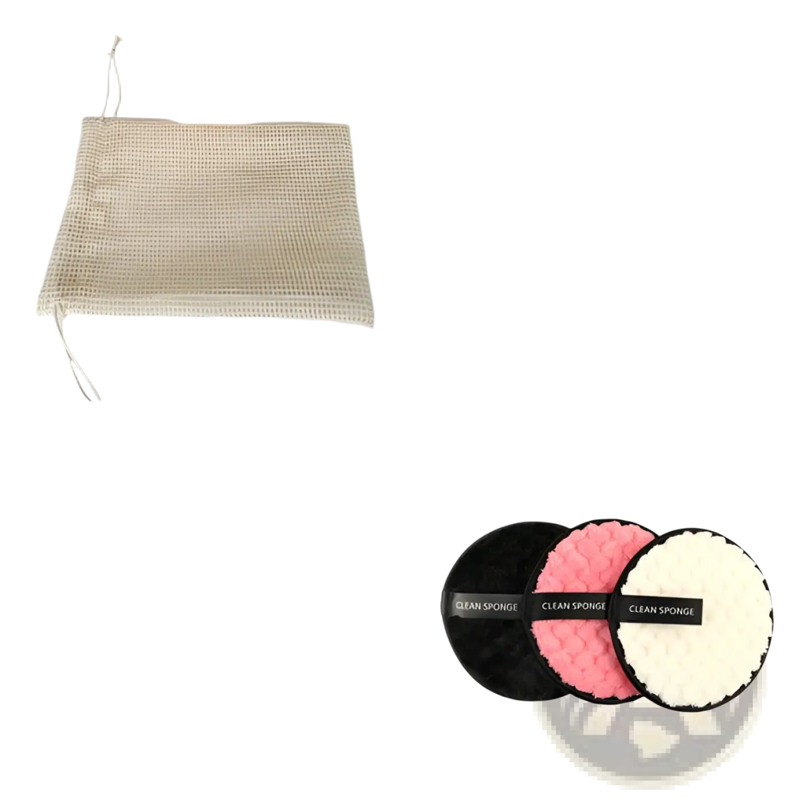 Set of three circular makeup removing puffs in black pink and white with mesh bag for cleansing