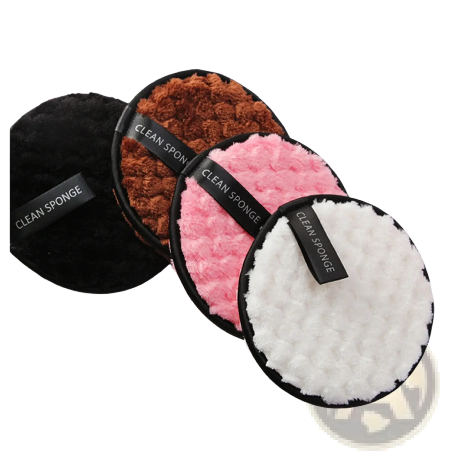 Makeup removing puff 3 pack with mesh bag featuring four circular plush fabric sponges in black brown pink and white