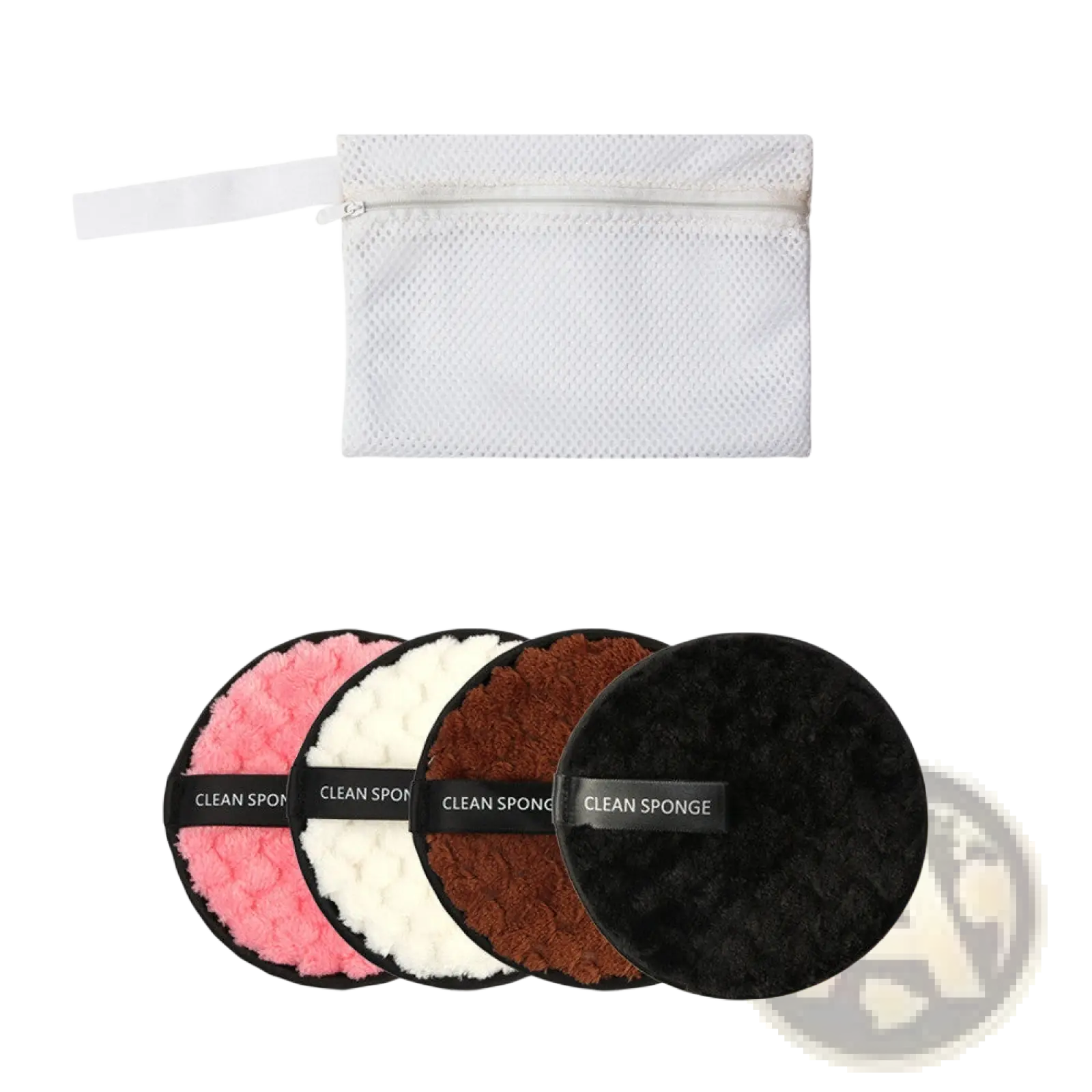 Set of four colorful plush circular makeup removing puffs in pink, white, brown, and black with clean sponge label