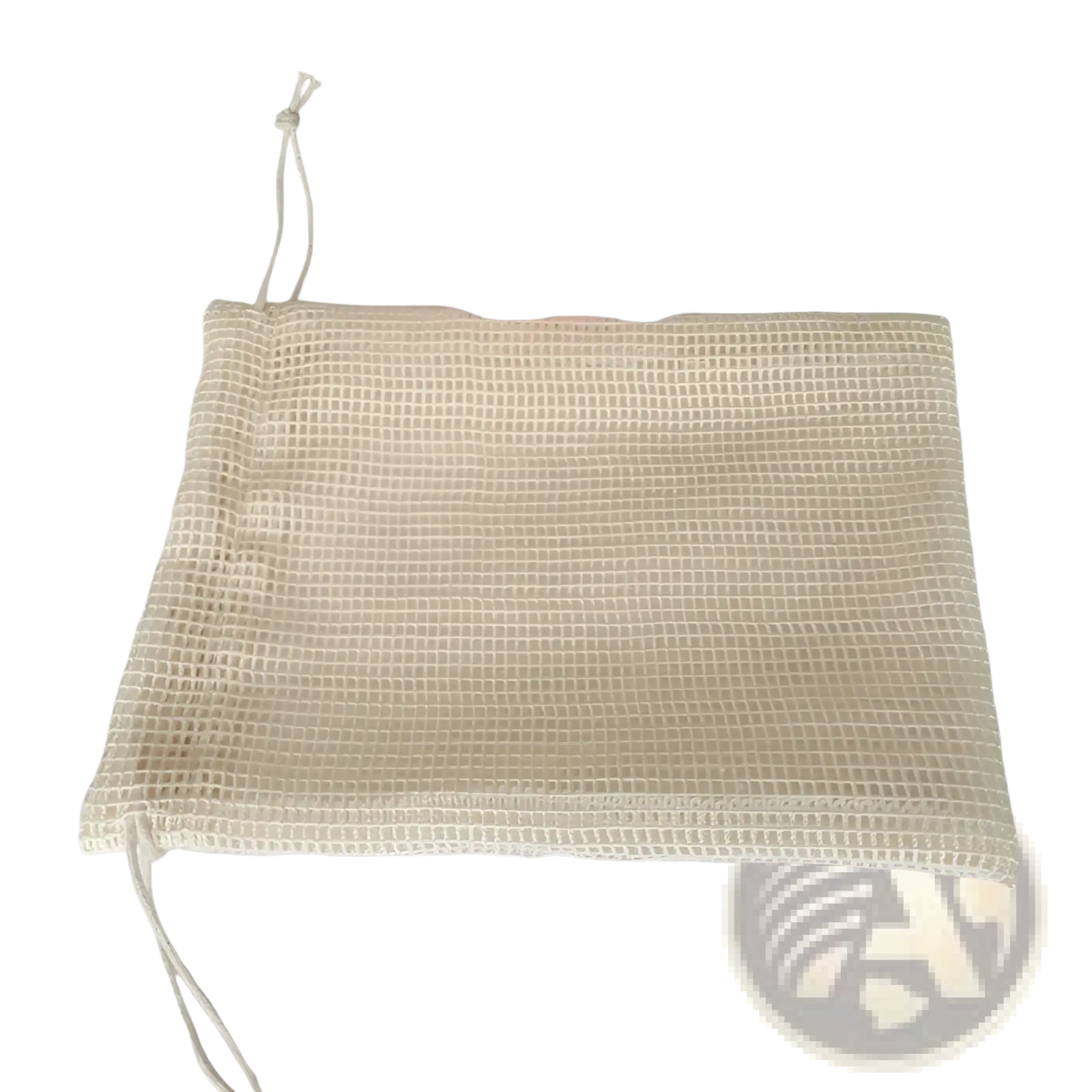 Beige mesh drawstring bag with woven texture and white cord ties included in makeup removing puff 3 pack