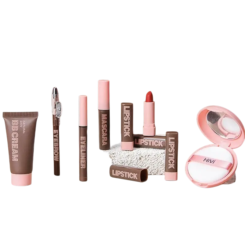 Pink and brown makeup set pastel holiday cosmetics for women with lipsticks mascara eyebrow pencil eyeliner bb cream and compact powder