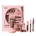 Pink and brown hivi makeup set with a circular window displaying bb cream lipsticks mascaras eyeliners and compact powder