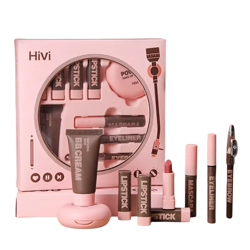 Pink and brown hivi makeup set with a circular window displaying bb cream lipsticks mascaras eyeliners and compact powder