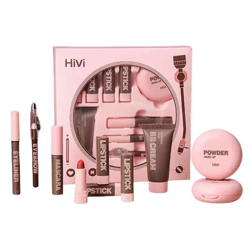Makeup set pastel holiday cosmetics for women featuring pink and brown hivi kit with lipsticks eyeliners mascara bb cream and powder