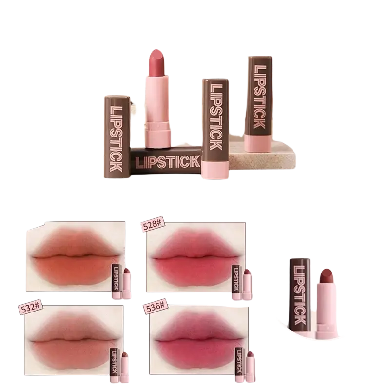 Pink and brown lipstick sticks from pastel holiday cosmetics makeup set for women with printed casing