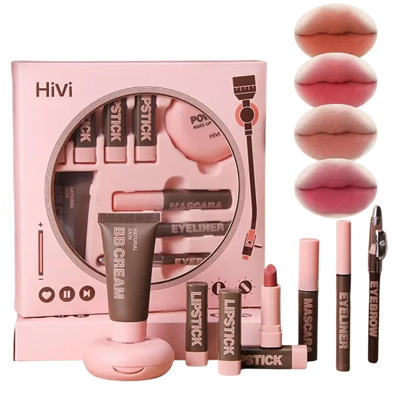Pink hivi makeup set featuring pastel holiday cosmetics including bb cream lipsticks mascara and eyeliners in circular display