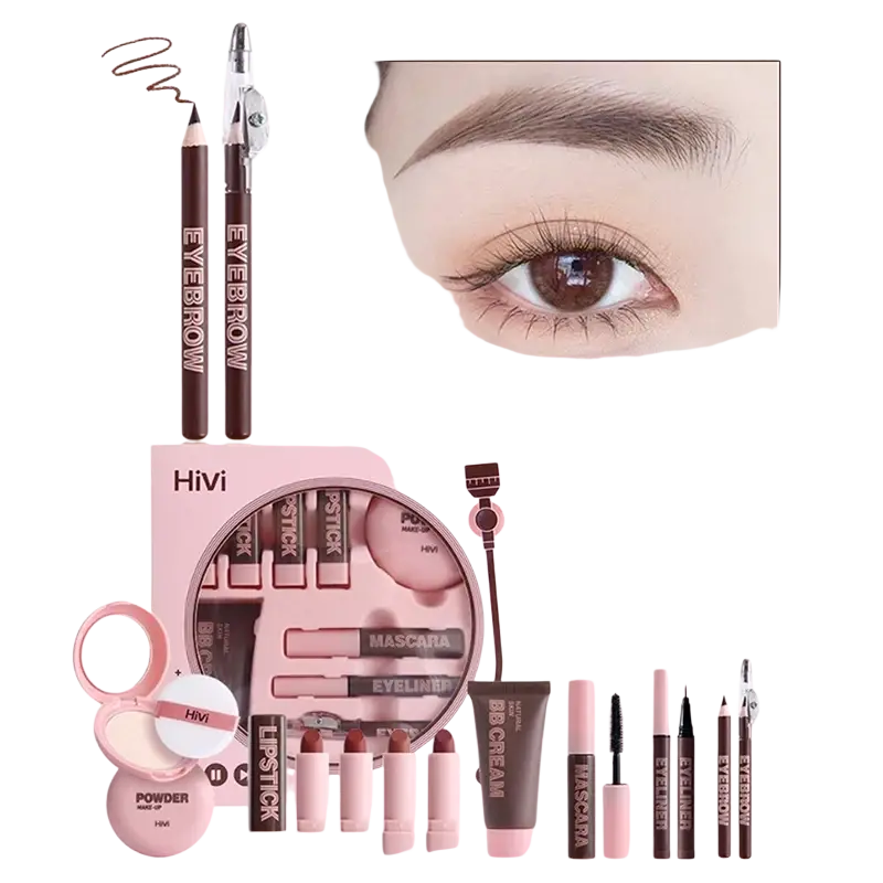 Pink hivi eyebrow and lip makeup set with brown pencils blush sticks mascara tubes and powder compact for women