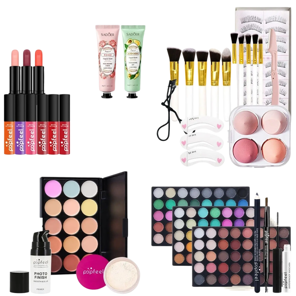 Set of four colorful popfeel lipsticks in black tubes with orange purple pink and red shades from festive red gift kit 27 pcs