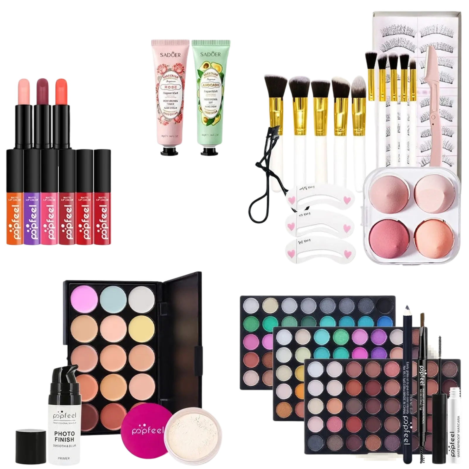 Set of four colorful popfeel lipsticks in black tubes with orange purple pink and red shades from festive red gift kit 27 pcs