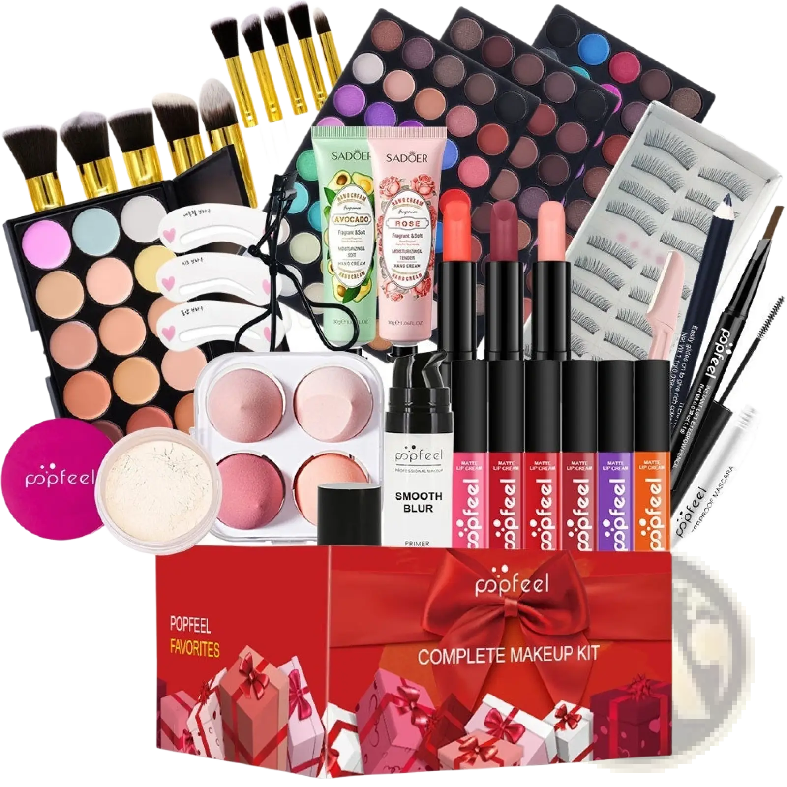 Red gift-boxed Popfeel festive makeup set 27 pcs with bow includes palettes brushes lipsticks mascaras eyeliners