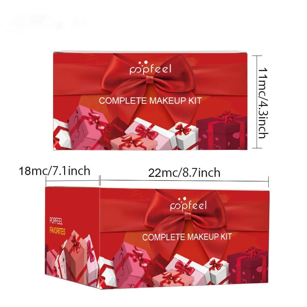 Red glossy cardboard makeup set box featuring popfeel branding and gift illustrations for festive 27 pcs gift kit