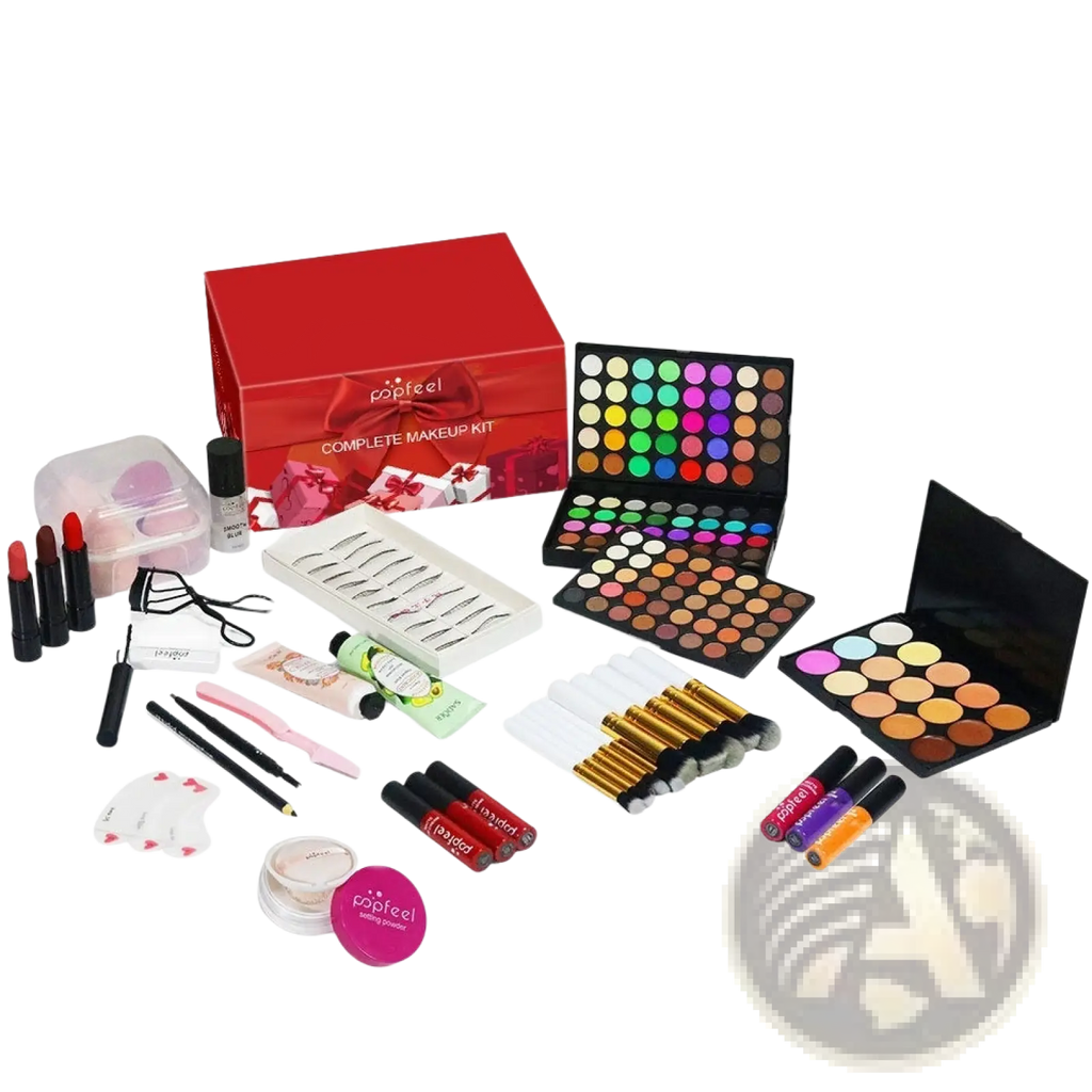 Red rectangular papfeel festive gift box labeled as a complete makeup kit with 27 pieces for holiday use