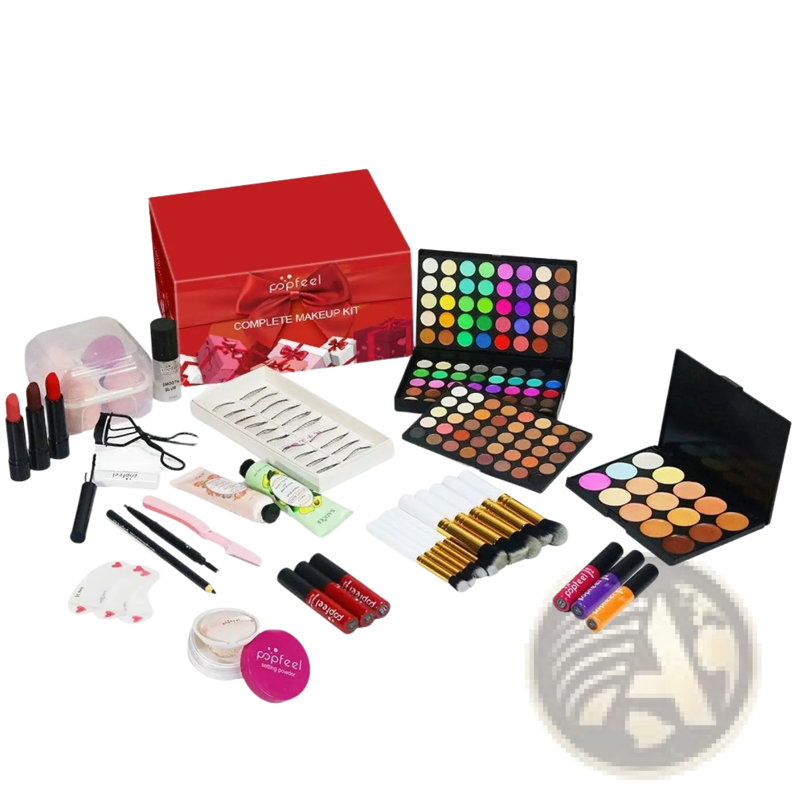 Red rectangular papfeel festive gift box labeled as a complete makeup kit with 27 pieces for holiday use