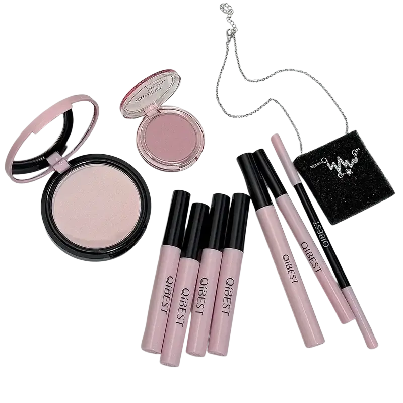 Pink and black qibest makeup sets camera shaped 9 piece cosmetic kit with compact powders lip glosses and eyeliner pencils