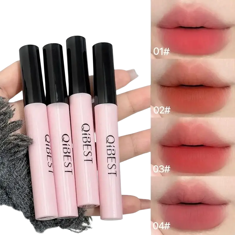 Pink qibest lip gloss tubes with black caps and four shade swatches in a makeup sets camera shaped 9 piece cosmetic kit