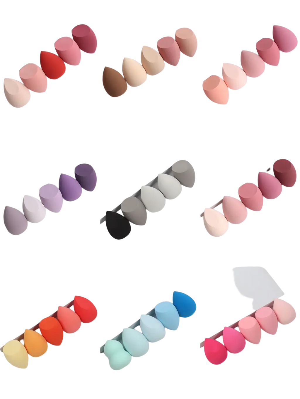 A set of five pastel and vibrant teardrop-shaped polyurethane makeup sponges for smooth application