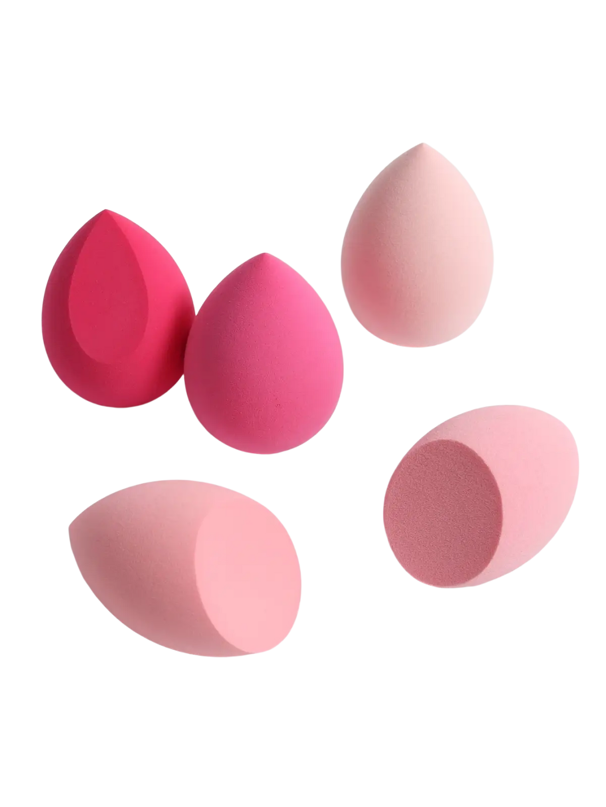 Set of five pastel pink and fuchsia teardrop makeup sponges made of soft porous polyurethane for blending