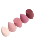 A set of five pastel pink and muted rose teardrop makeup sponges made of smooth porous polyurethane silicone