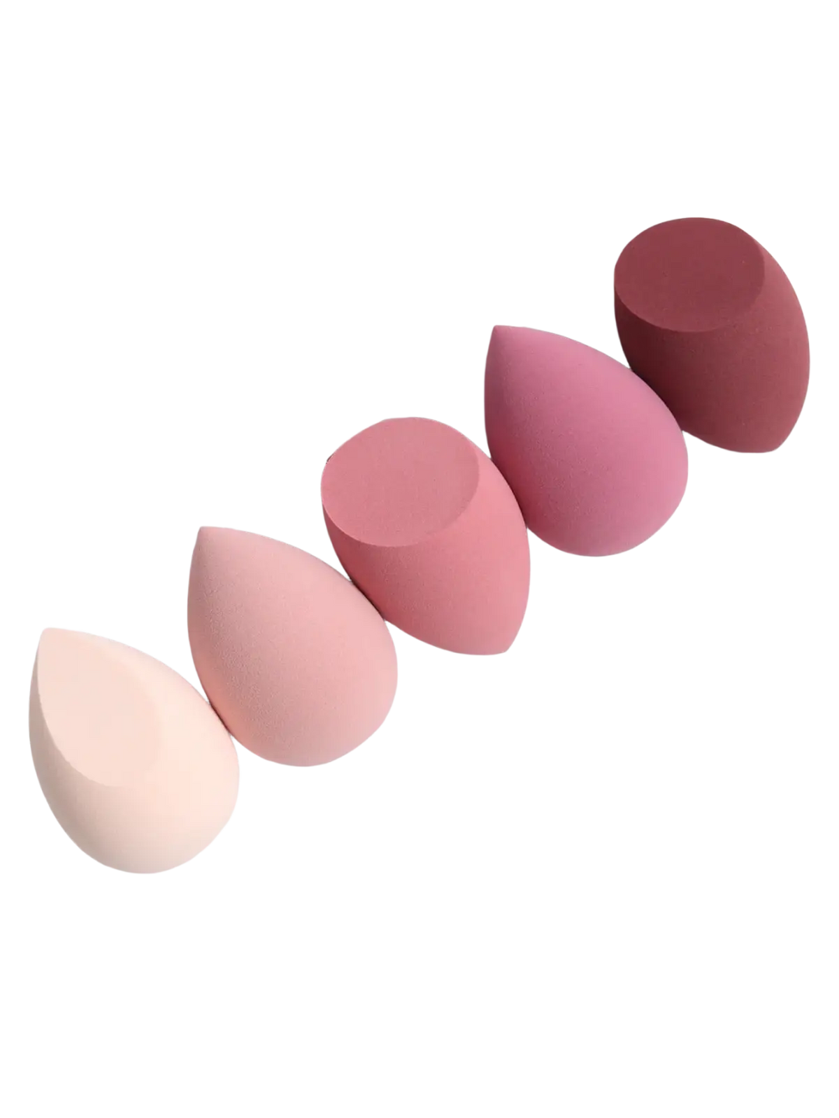 A set of five pastel pink and muted rose teardrop makeup sponges made of smooth porous polyurethane silicone