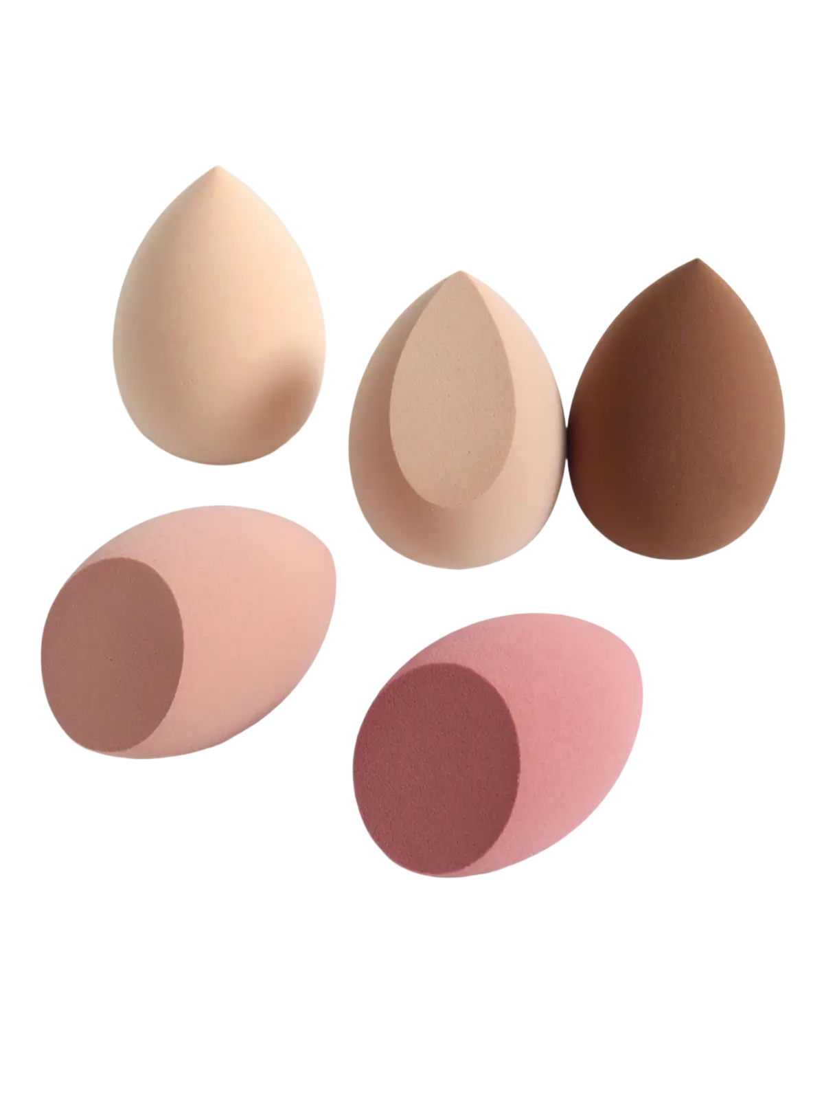 Set of five pastel teardrop makeup sponges in beige peach and pink polyurethane with smooth matte finish