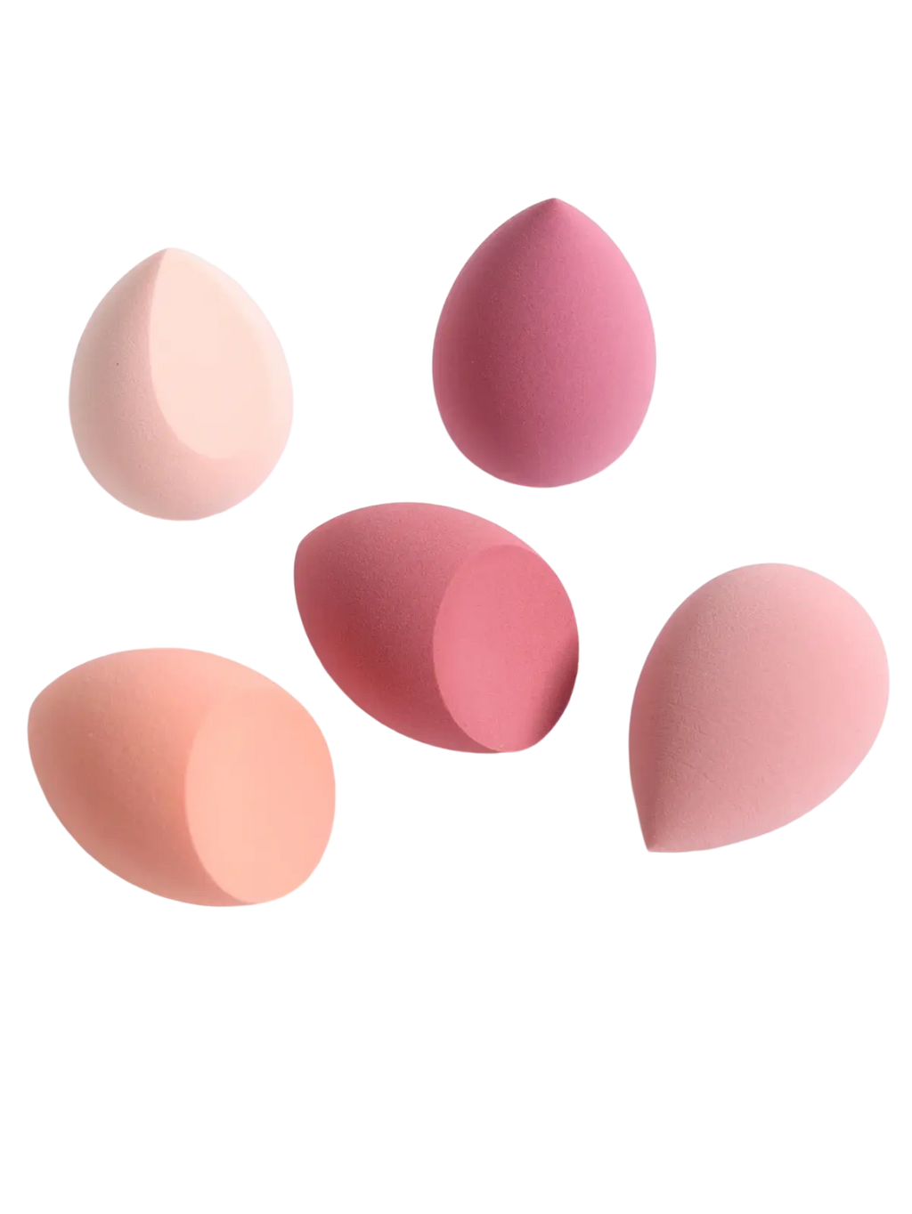 Set of five soft teardrop-shaped makeup sponges in pastel pink and peach polyurethane for flawless application