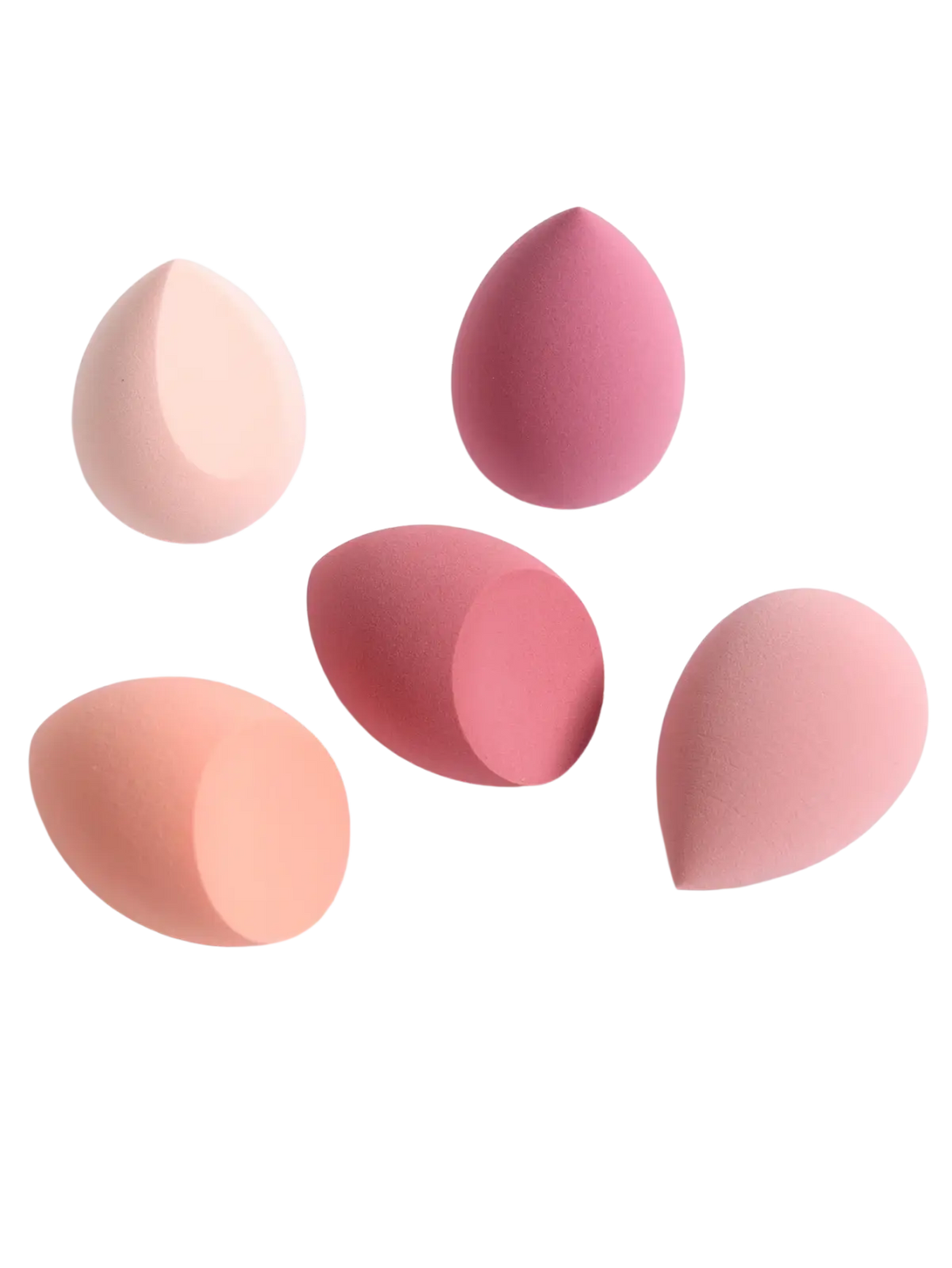 Set of five soft teardrop-shaped makeup sponges in pastel pink and peach polyurethane for flawless application