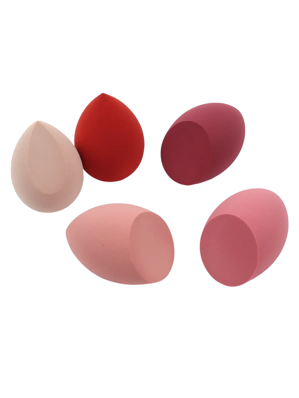 Set of five pastel and vibrant pink polyurethane makeup sponges with soft rounded teardrop shapes