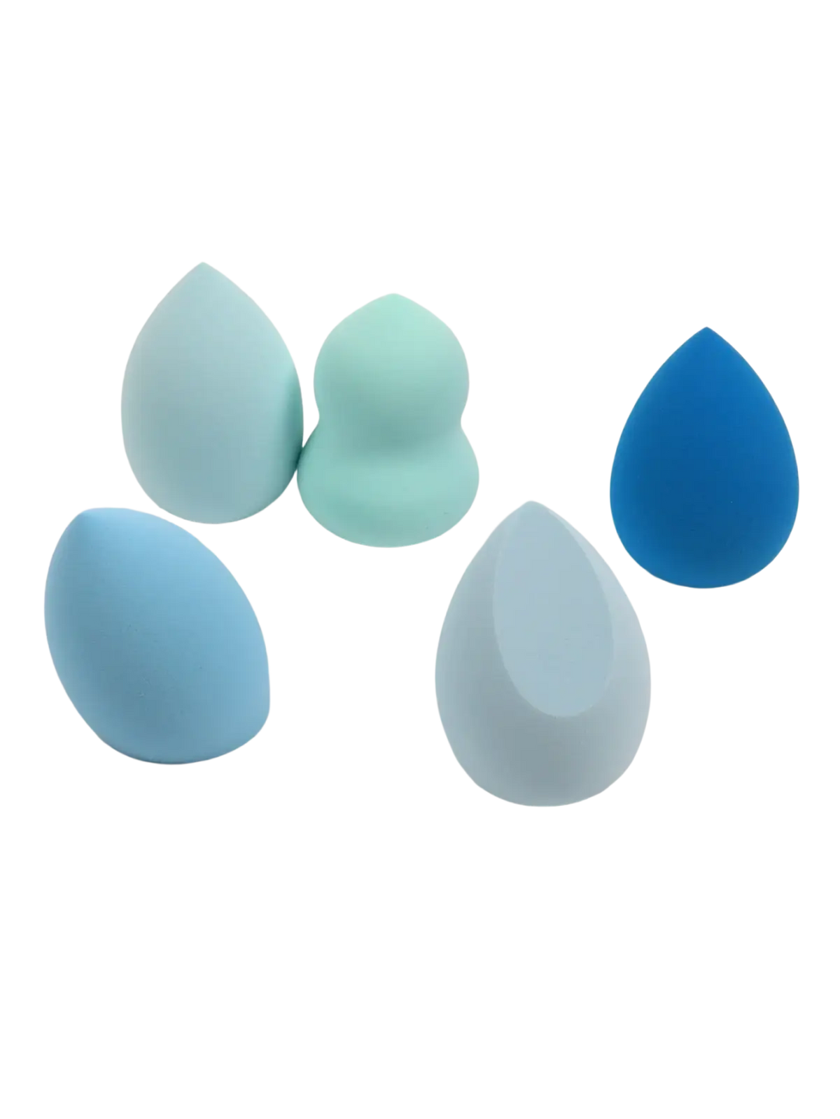 Set of six soft teardrop-shaped pastel blue and mint green polyurethane makeup sponges for blending and application