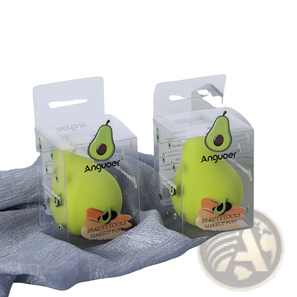 Bright green hydrophilic avocado-shaped makeup sponge in clear packaging branded anguoer for beauty blending
