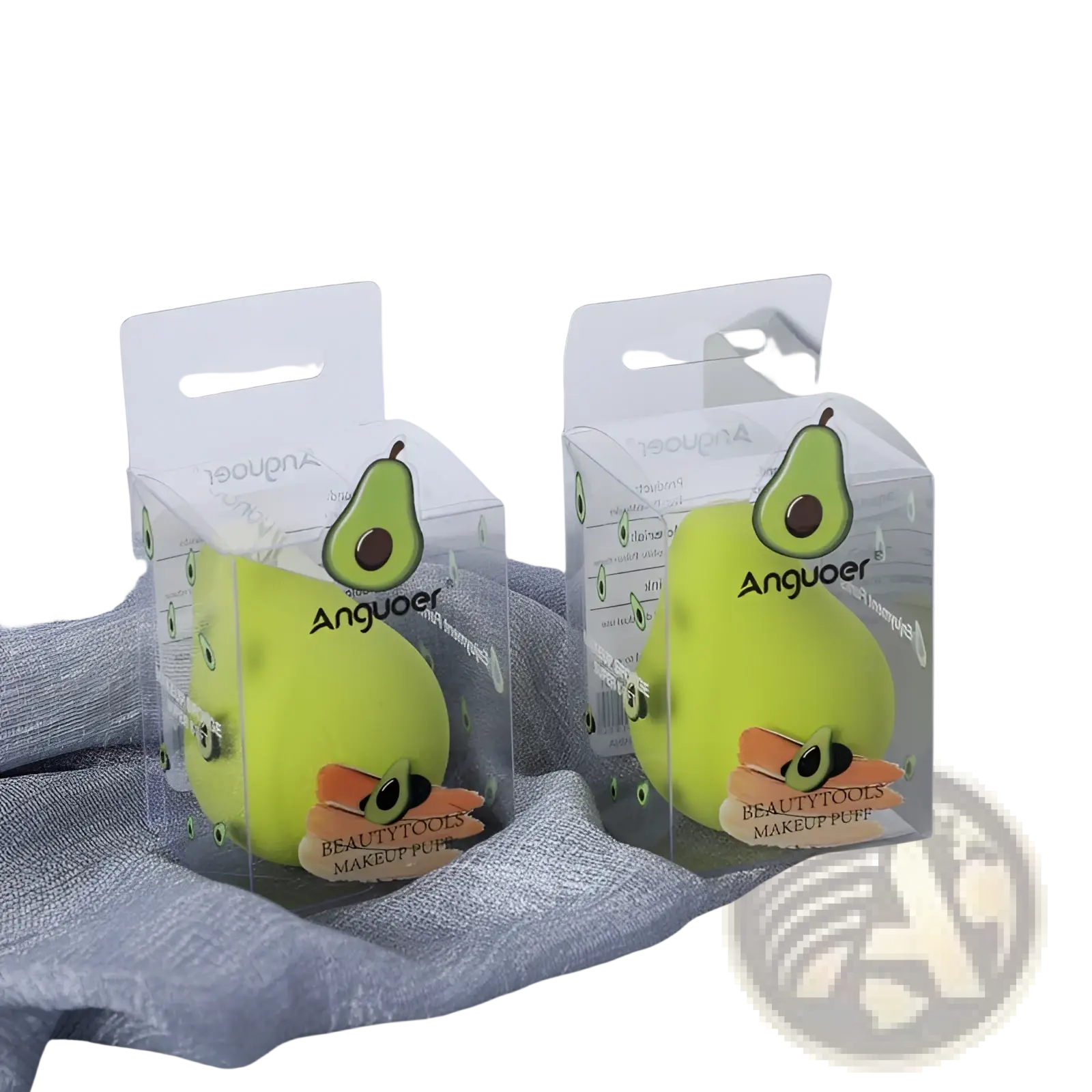 Bright green hydrophilic avocado-shaped makeup sponge in clear packaging branded anguoer for beauty blending