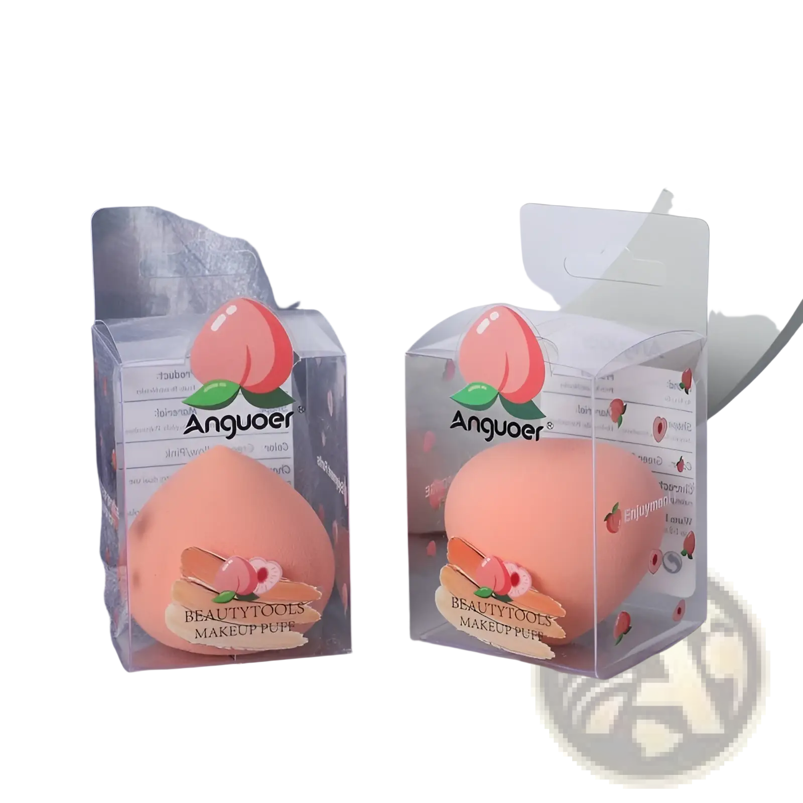 Peach-shaped soft pink hydrophilic makeup sponge in clear packaging with branded label and decorative fruit design