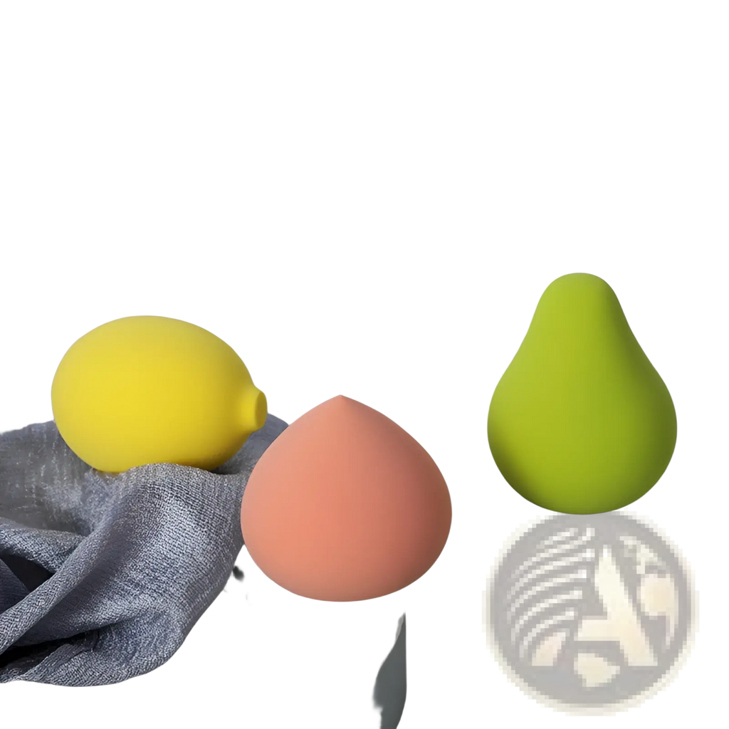 Three colorful hydrophilic makeup sponges in yellow peach and lime green for precise cosmetic application