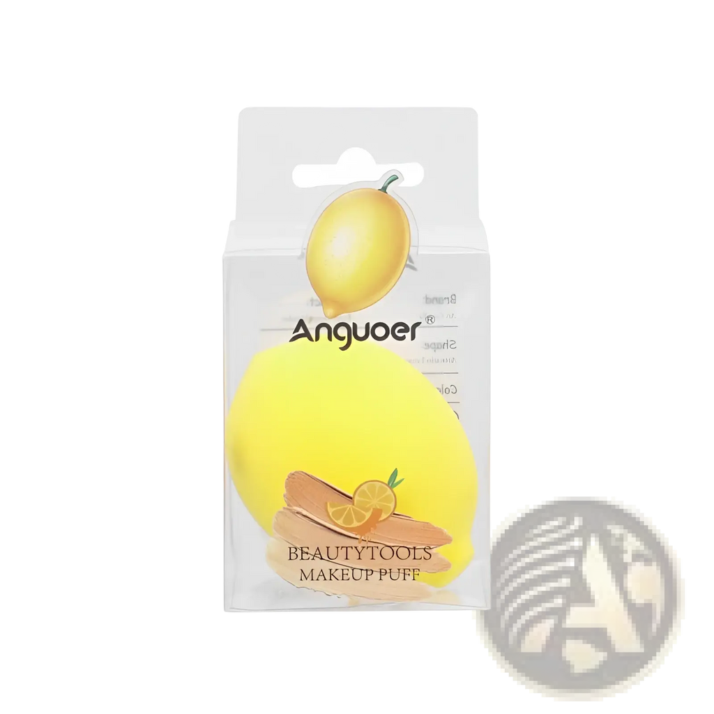 Bright yellow soft silicone makeup puff in clear plastic package with lemon-themed branding for hydrophilic beauty blending