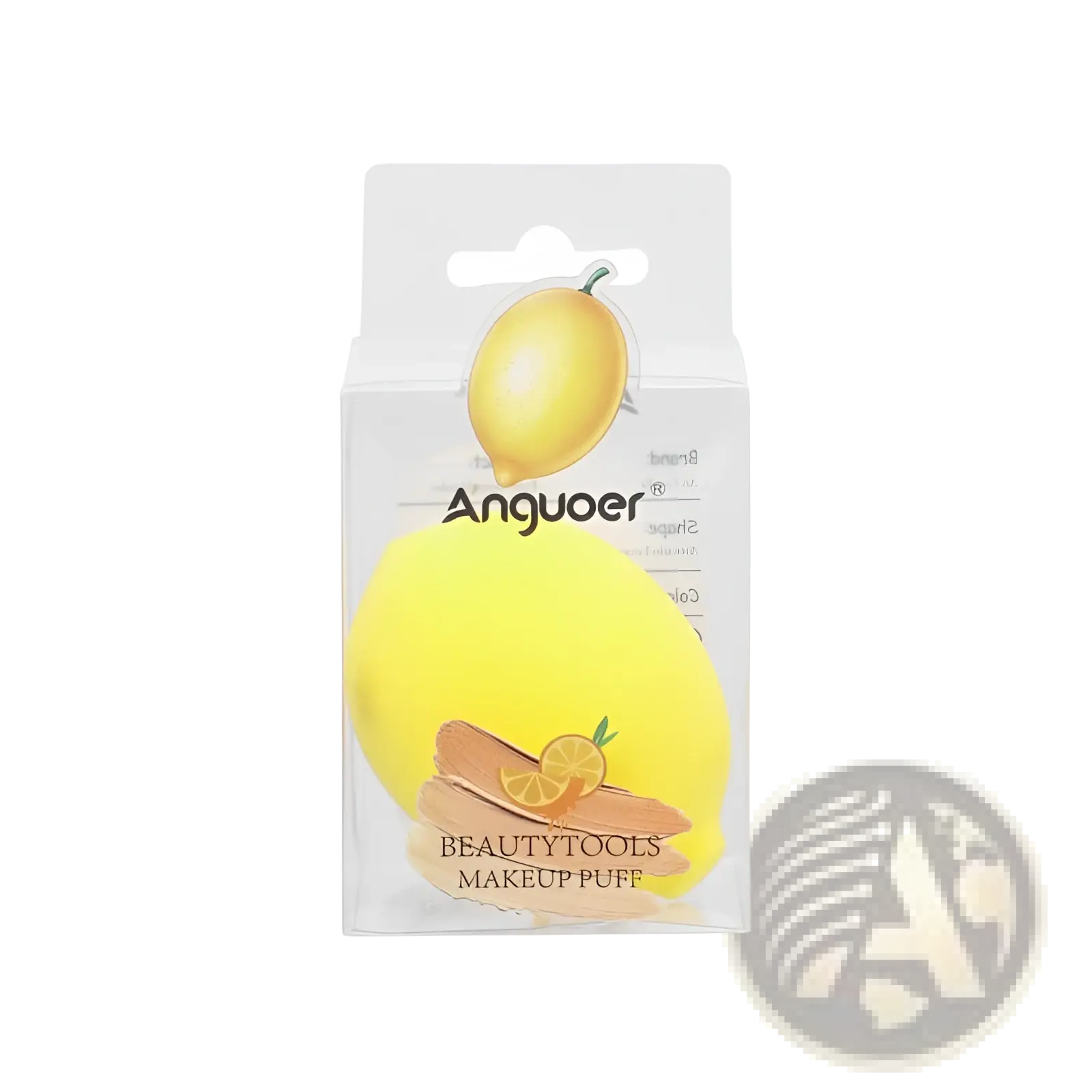 Bright yellow soft silicone makeup puff in clear plastic package with lemon-themed branding for hydrophilic beauty blending