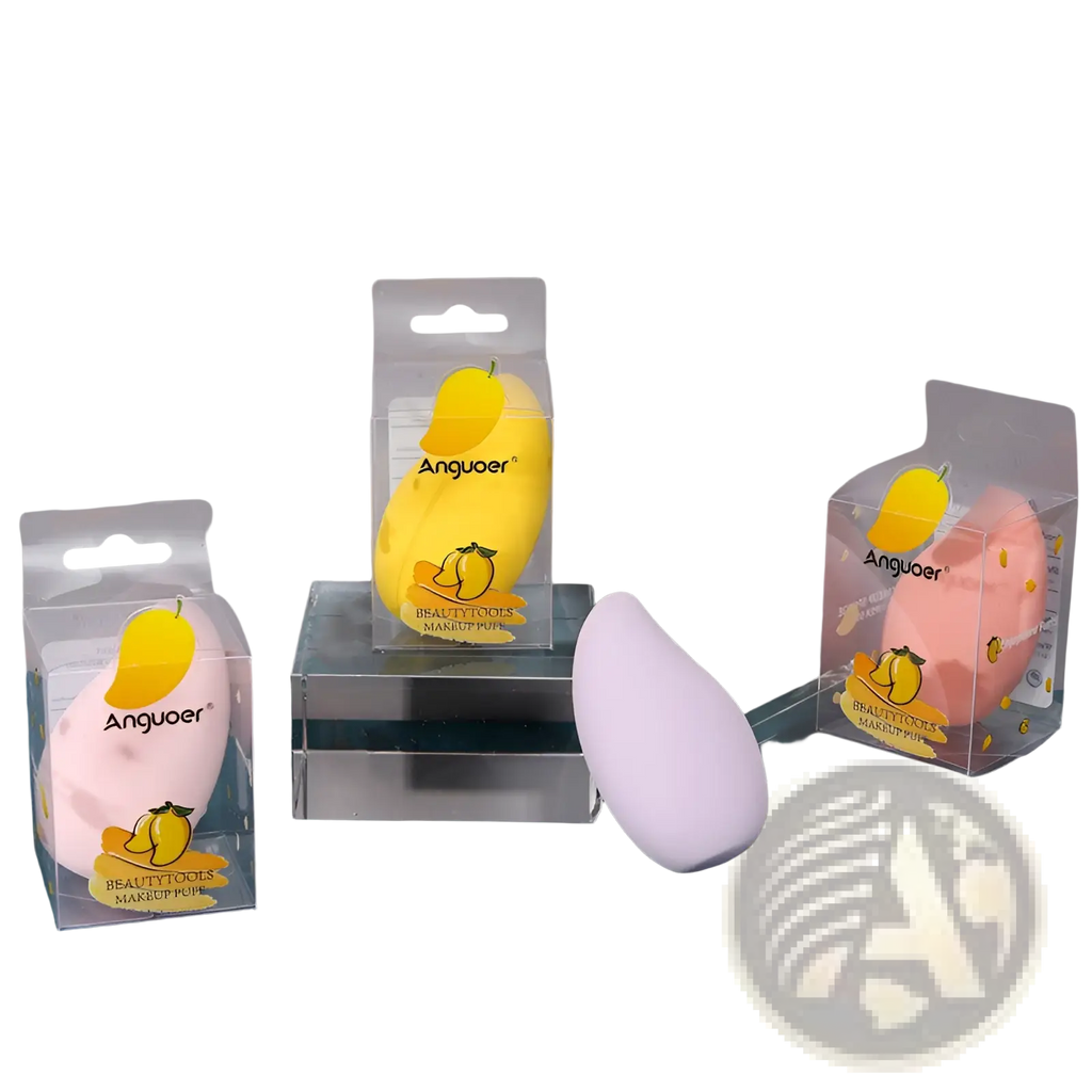 A soft pearlescent lavender mango-shaped hydrophilic makeup sponge from anguoer in the makeup sponge set kit