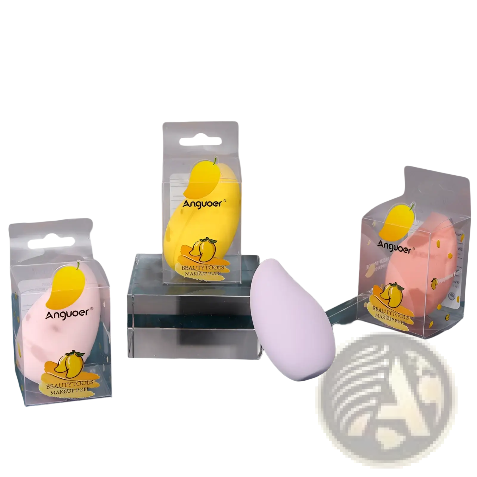 A soft pearlescent lavender mango-shaped hydrophilic makeup sponge from anguoer in the makeup sponge set kit