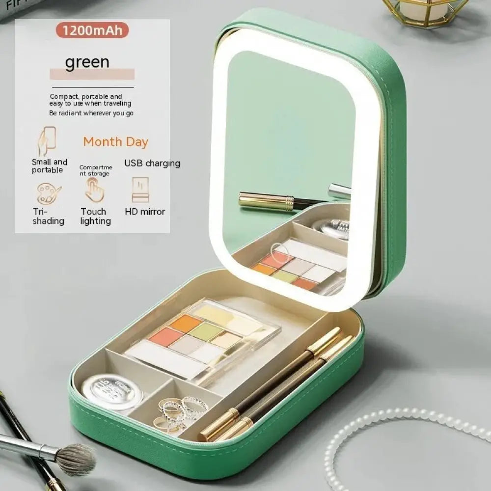 Mint green portable led travel makeup mirror with built-in led light and usb charging port for jewelry storage