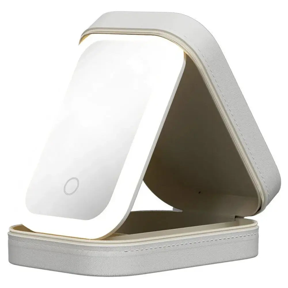 White leatherette portable led travel makeup mirror with circular power button and built-in jewelry storage box