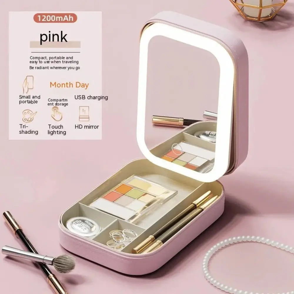 Pink compact portable led travel makeup mirror with usb charging and jewelry storage box for on-the-go use