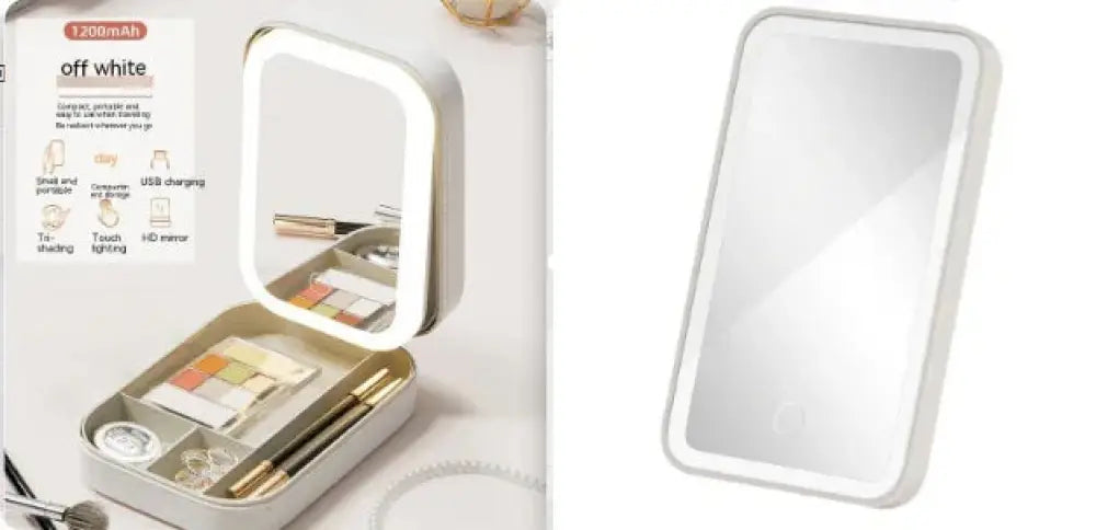Off-white rectangular portable LED travel makeup mirror with built-in compartment for cosmetics and jewelry storage