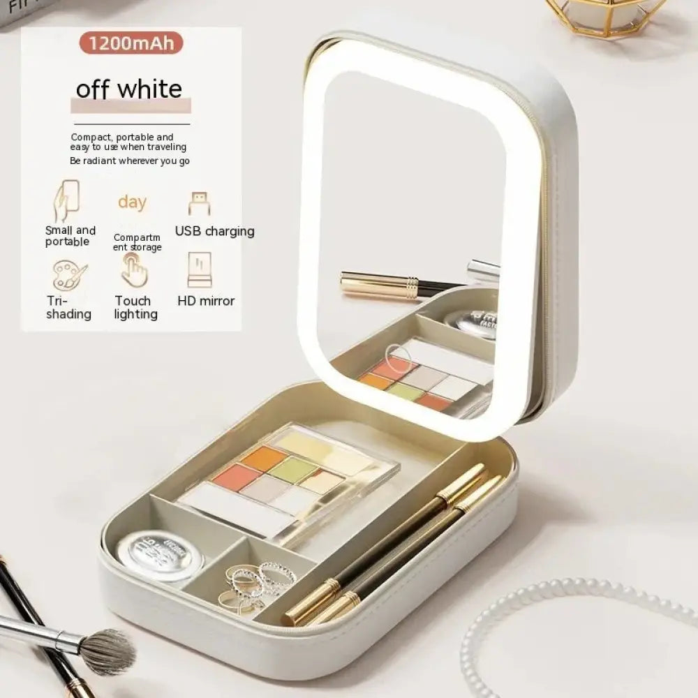 Off white compact travel makeup mirror with led lighting and usb charging port for portable use and jewelry storage