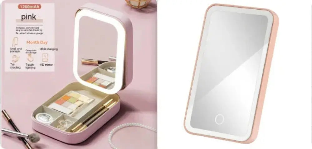 Portable pink rectangular led travel makeup mirror with compact organized interior for cosmetics and jewelry storage