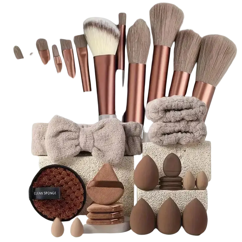 Set of 33-piece rose gold and gray makeup tool brushes with sponges and bow headband for natural makeup application