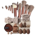 Set of 33-piece rose gold and gray makeup tool brushes with sponges and bow headband for natural makeup application