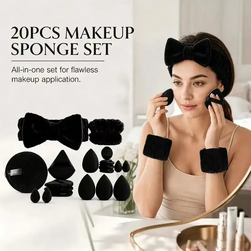 Black velvet makeup sponge set in assorted shapes and sizes for natural makeup application and flawless makeup tool use
