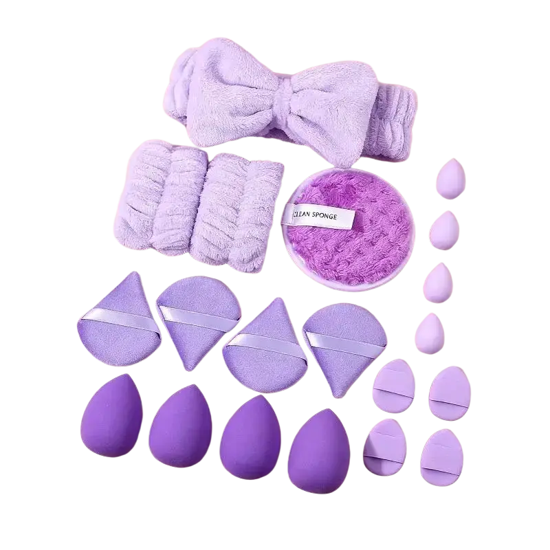 A lavender makeup tool set with sponges and accessories designed for flawless natural makeup application