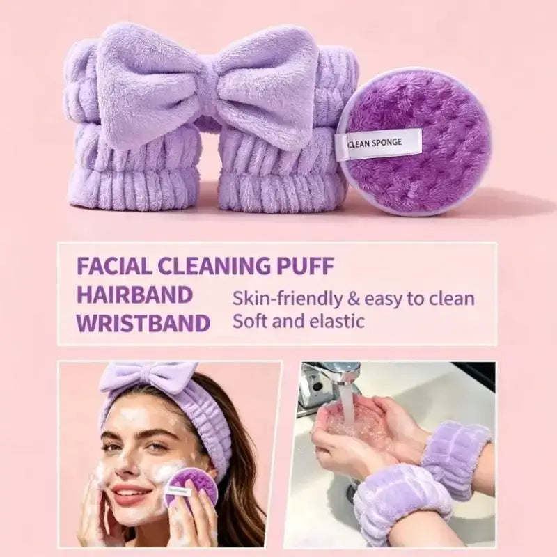 Lavender plush fabric headband with large bow and matching wristband makeup tool set for natural makeup application