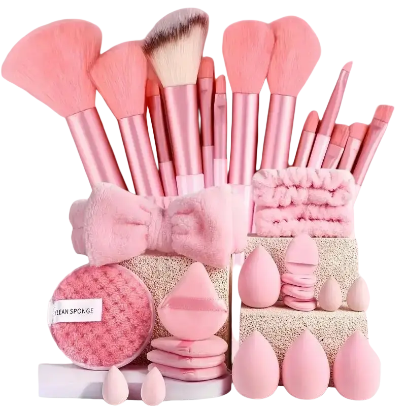 Pink makeup brush set with metallic rose gold handles and soft bristles for flawless natural makeup application